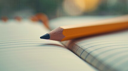 A pencil resting on top of a notebook with the tip pointing down, AI - obrazy, fototapety, plakaty