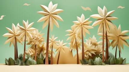 Digital paper craft origami beach island with coconut tree. A Paper-Perfect Paradise with Palm Perfection