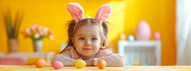 Foto op Aluminium Beautiful child with bunny ears with chocolate eggs © adelton
