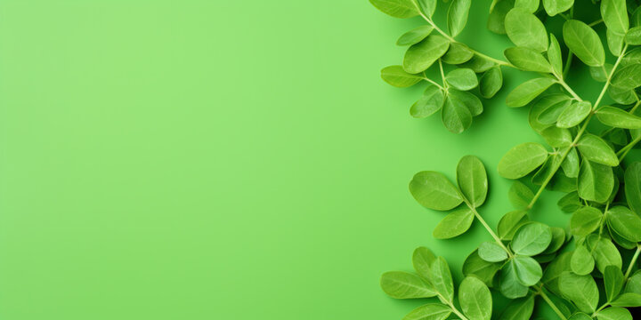 Fresh moringa leaves on green background. Top view with copy space