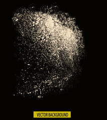 Dust and wood chips on a black background. Dirt particles fly in the air. Layout for design. Some dust particles are blurred to transmit the effect of motion.