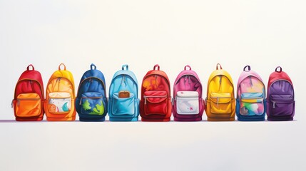 Lined up with bright colorful elementary school children's backpacks, back to school themed background wallpaper. 