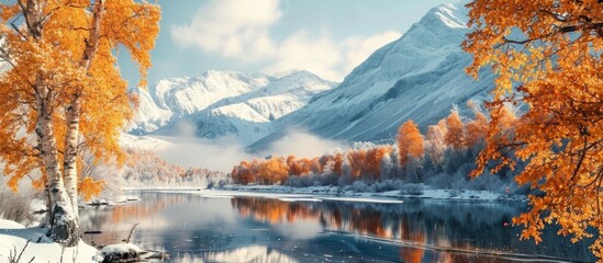 Stunning autumn landscape with golden birch branches near snowy rocky mountains. - obrazy, fototapety, plakaty