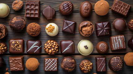 Variety of delicious chocolate pieces on wood background. Milk, dark and white cocoa treats.