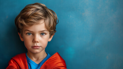 5 year old boy with long hair and red cape on teal background. Composed with copy space. - Powered by Adobe