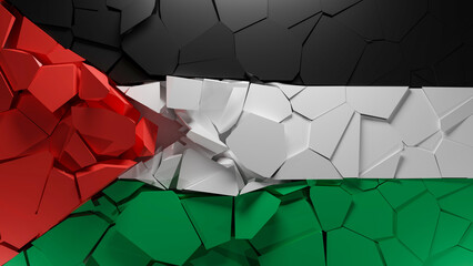 Palestine flag crashes explodes in to a particles. White background. Conceptual 3D