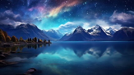 View of the calm lake water at night, between the snow-capped peaks of the rocky mountains, with the view of the aurora lights in the clear sky.