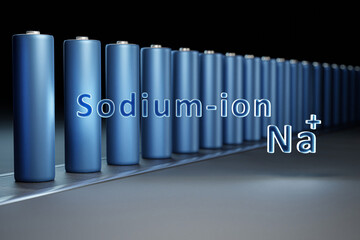The line of Sodium-ion batteries in a dark background- 3D render