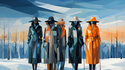 Illustration of women dressed in warm winter clothes - cubist style - snow - abstract art - stylish fashion 