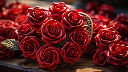 Valentine's Day A heart-shaped bouquet of roses casting a soft shadow on a rustic wooden table -Generative Ai