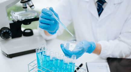 Fototapeta premium Test tubes in clinic, pharmacy and medical research laboratory and new chemical substances.