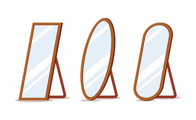 Floor mirror stand isolated vector cartoon design. Room floor big mirror stand illustration bedroom interior set fashion beauty furniture.