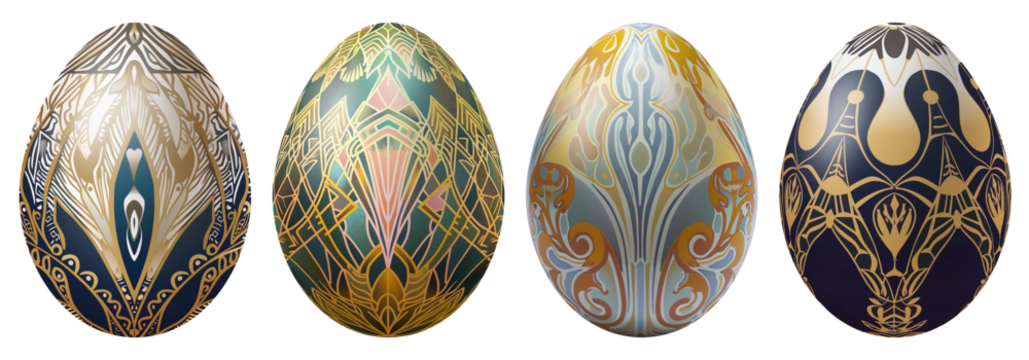 Four Art Deco design Easter Eggs with a transparent background