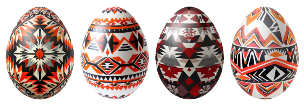 Four Native American Indian design Easter Eggs with a transparent background