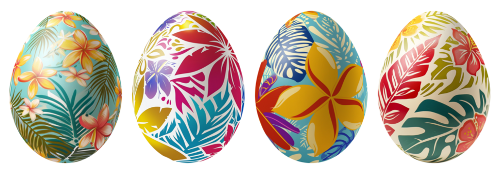 Four Hawaiian design Easter Eggs with a transparent background