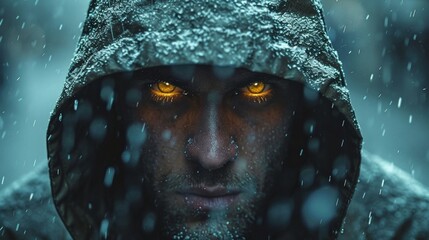 A mysterious hooded man with yellow glowing eyes