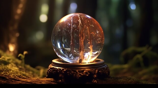Magic crystal ball on autumn leaves background. Halloween concept. Selective focus