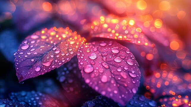 Colorful image of dew on leaves
