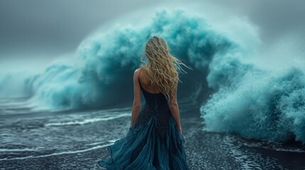 A beautiful girl in a dress walks into the raging ocean