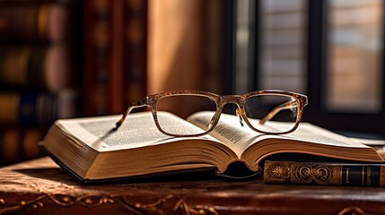 Old books and glasses on wooden table in library. Education concept