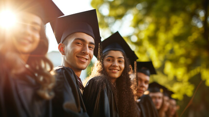 Graduating class on the graduation outside. Wearing caps and gown. Finished with school successfully.