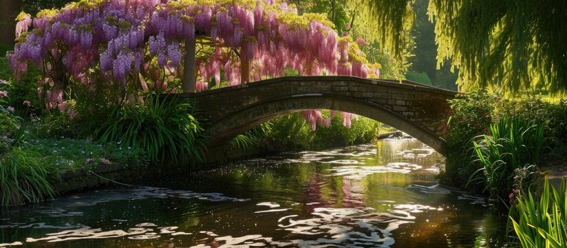 Pink Bistort flowers near a stream, with wisteria-covered bridge at RHS Wisley, Surrey, UK.