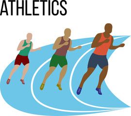 Three runners of different ethnicities competing on a race track.