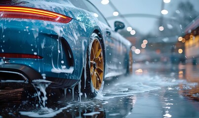 Automotive Detailer Washing Away Smart Soap and Foam with a Water High Pressure Washer. Performance Car Getting Care and Treatment at a Professional Vehicle Detailing Shop