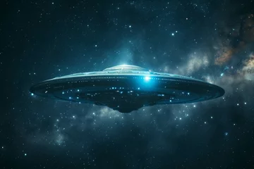 Poster Flying saucer in space. Background with selective focus and copy space © top images
