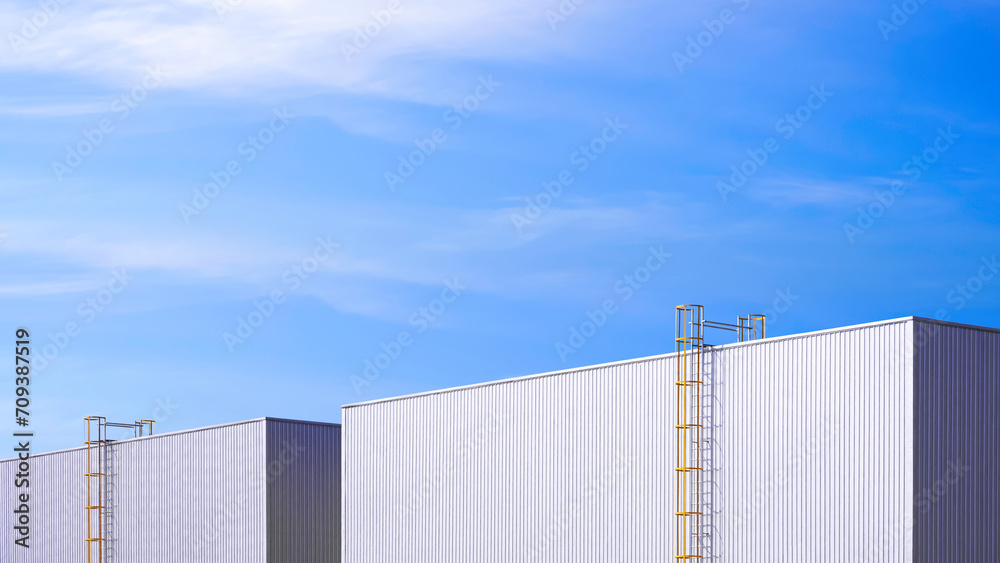 Wall mural Two Industrial Warehouse Buildings with cylinder ladder on Aluminium corrugated wall against blue sky Background, side view with copy space 