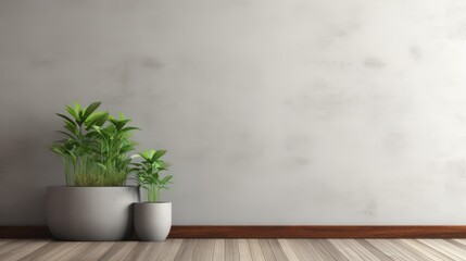 Interior appearance of a modern minimalist vinyl wood floor, with interior decorative potted plants, exposed cement walls. Industrial style house.
