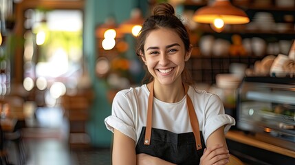 girl entrepreneur cafe employee posing in restaurant coffee shop interior, portrait