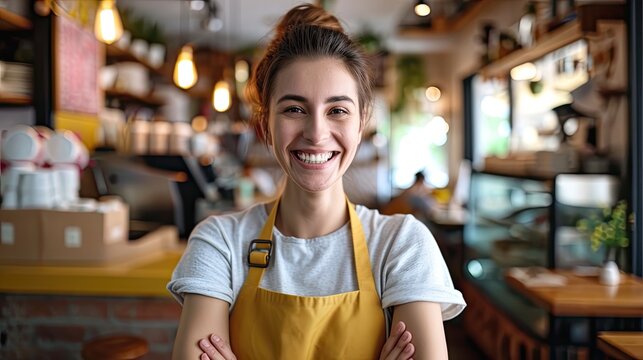 girl entrepreneur cafe employee posing in restaurant coffee shop interior, portrait