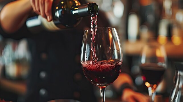 bartender pouring red wine into a glass. Hospitality, beverage and wine concept.