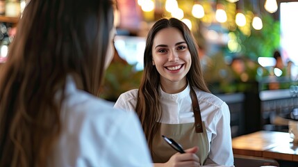 Smiling waitress wear apron hold notepad pen take order talk to clients serving restaurant guests couple choosing food drinks menu sit at cafe coffeehouse table, waiting staff, good customer service