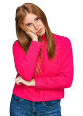 Young irish woman wearing casual clothes thinking looking tired and bored with depression problems with crossed arms.