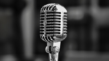 Fototapeta na wymiar A Black and White image, 1950's professional microphone in recording studio, Vintage style microphone and tools for record in room.