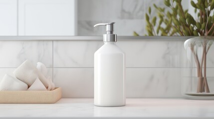 3D rendering of liquid soap packaging bottles in a modern clean bathroom, without labels for mock up template purposes.