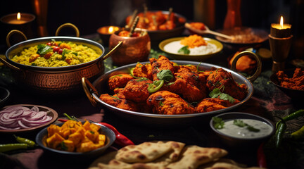 indian food feast with chicken tikka masala curry, tandoori chicken and appetizers - obrazy, fototapety, plakaty