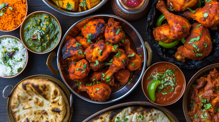indian food feast with chicken tikka masala curry, tandoori chicken and appetizers