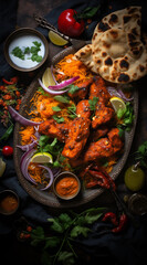 indian food feast with chicken tikka masala curry, tandoori chicken and appetizers