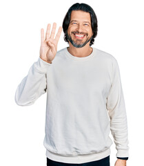 Middle age caucasian man wearing casual clothes showing and pointing up with fingers number four...