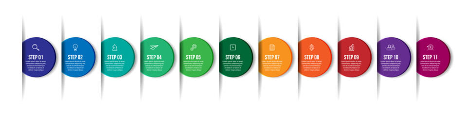 business infographic 11 parts or steps, there are icons, text, numbers. Can be used for presentation banners, workflow layouts, process diagrams, flow charts, infographics, your business presentations