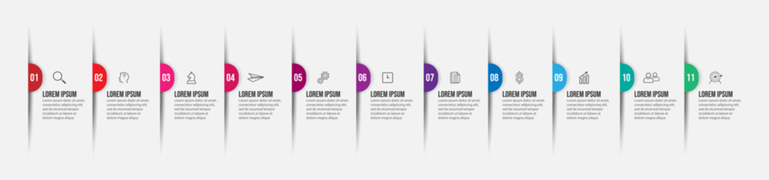 business infographic 11 parts or steps, there are icons, text, numbers. Can be used for presentation banners, workflow layouts, process diagrams, flow charts, infographics, your business presentations