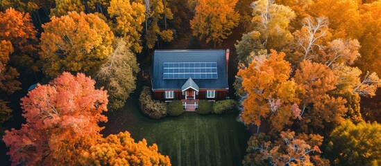 Fall evening aerial view of a green solar-powered house - obrazy, fototapety, plakaty