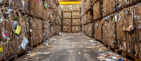 After compressing in a hydraulic press, cardboard and paper waste from the recycling industry are turned into compact squares and transported to a recycling facility. - obrazy, fototapety, plakaty