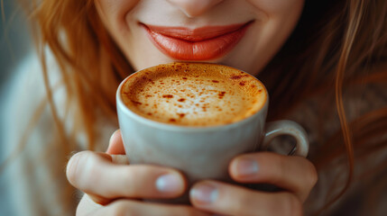 Closeup of woman's mouth about to enjoy a hot cup of espresso coffee drink in a mug.