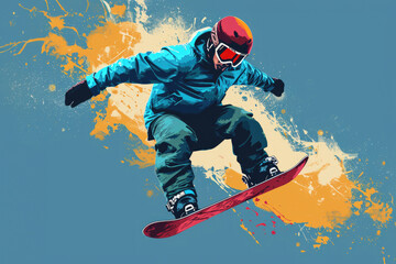 Fototapeta na wymiar Snowboarder in a jump illustration blue and yellow in collage art style