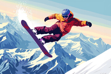Colourful illustration of snowboarder in bright clothes in the mountains. 