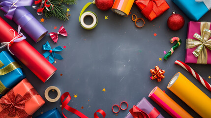 Top lay festive christmas table flat lay with wrapping paper ribbon and xmas decorations, flat lay wrapping presents concept